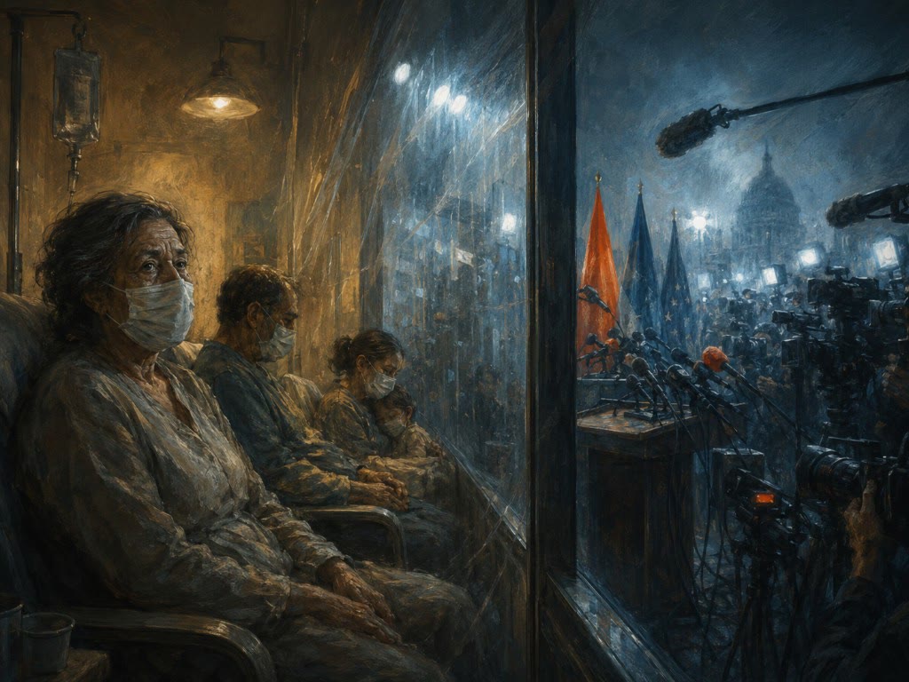 Ilustración: pacientes con mascarilla esperan en un hospital tenue mientras, al otro lado del cristal, una marea de cámaras y micrófonos se agolpa ante un edificio institucional de noche