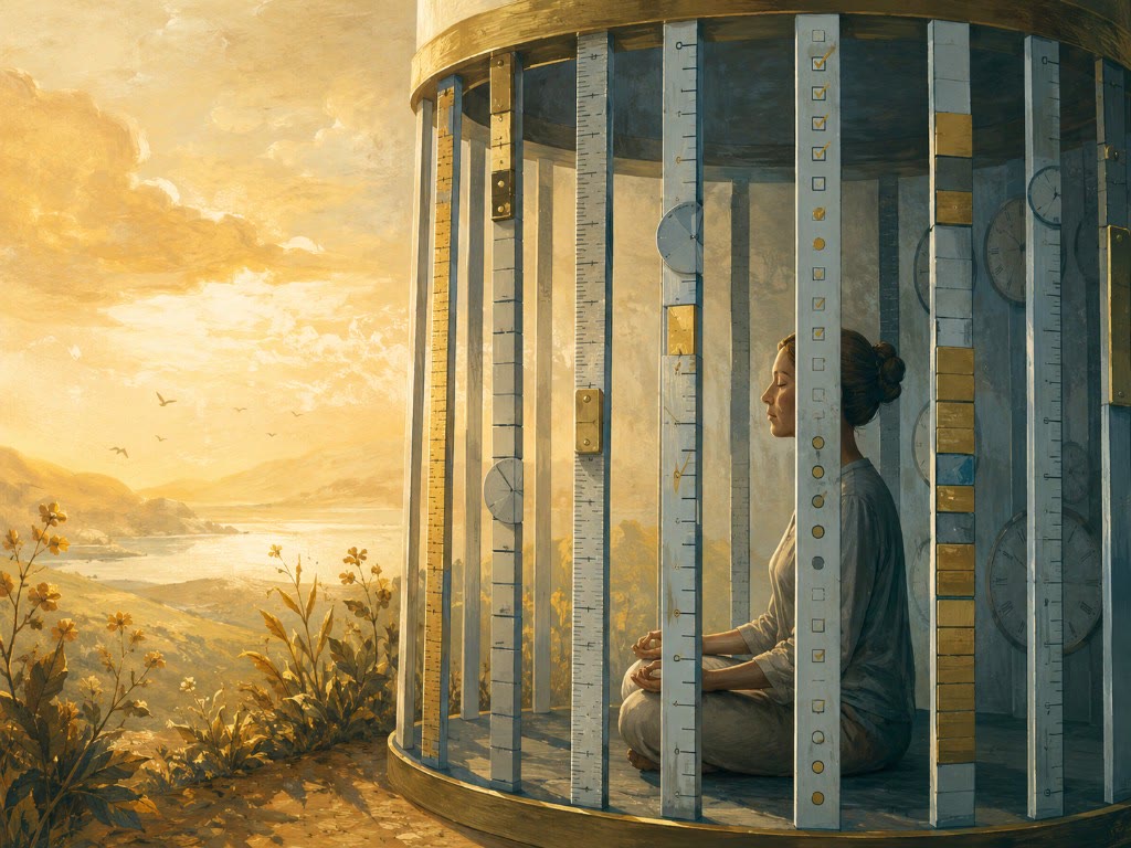 Ilustración: una mujer medita encerrada en una jaula cilíndrica de reglas y métricas, frente a un paisaje dorado al amanecer