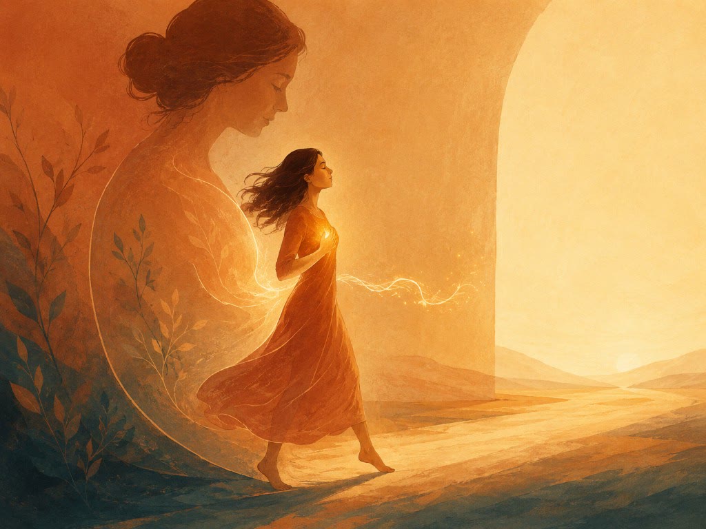 Ilustración: una joven camina hacia un horizonte luminoso alejándose de la figura etérea de una madre, con la mano sobre un corazón que brilla