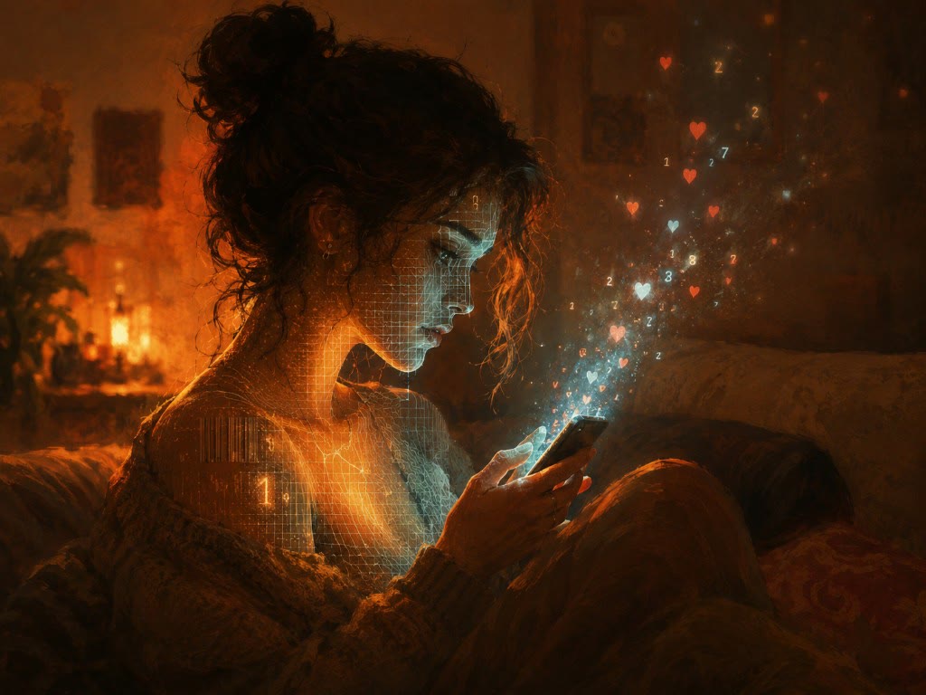 Ilustración: una mujer mira su móvil en penumbra mientras una retícula digital cubre su rostro y iconos luminosos emanan de la pantalla
