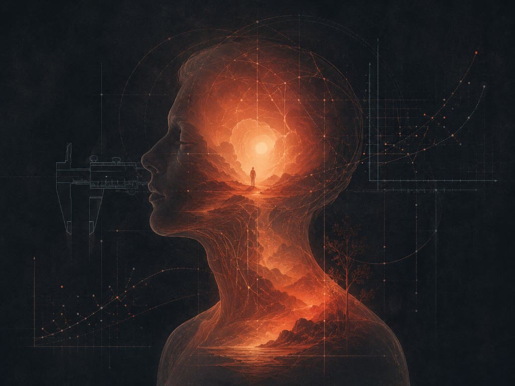 Ilustración: perfil humano con un paisaje interior luminoso y una figura caminando hacia la luz, con gráficos técnicos y un calibrador superpuestos
