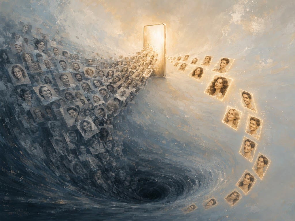 Ilustración: un móvil emite retratos iluminados mientras una masa de perfiles cae en un remolino oscuro de descarte