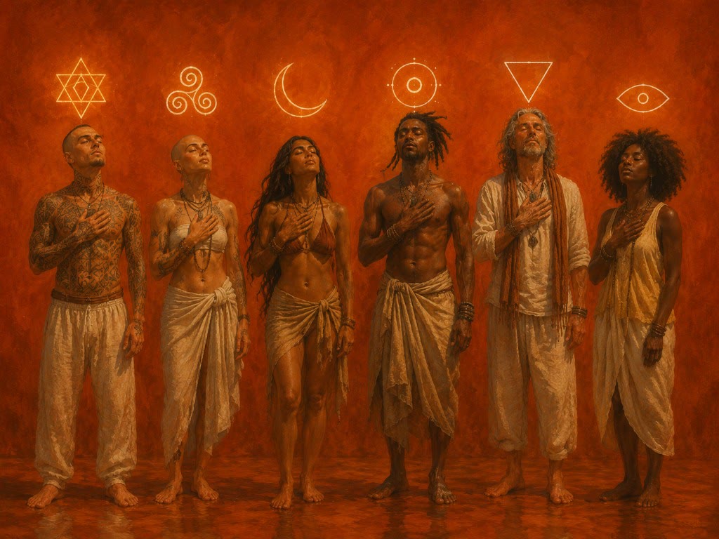 Ilustración: seis personas descalzas en fila, de ojos cerrados y mano al pecho, bajo símbolos espirituales luminosos en un espacio bañado en luz anaranjada